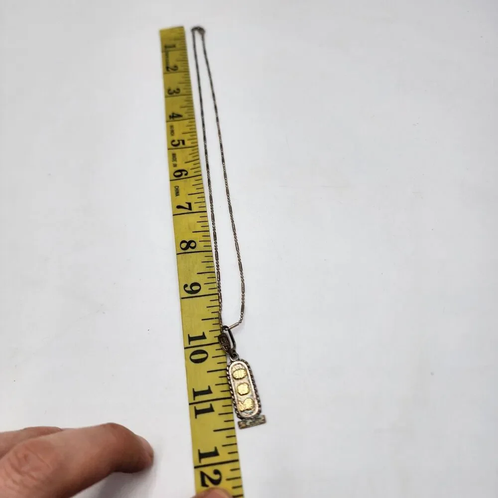Vintage Sterling Silver & 14k Maya Glyphs Cartouche MEXICO Necklace Pendant 20